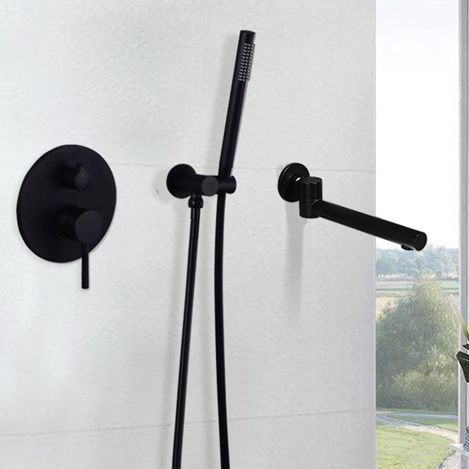 JYBNBBE Concealed Bath Mixer Tap with Shower 360 Rotation Hot and Cold Bath Taps Wall Mounted Brass Brushed Gold (Black)