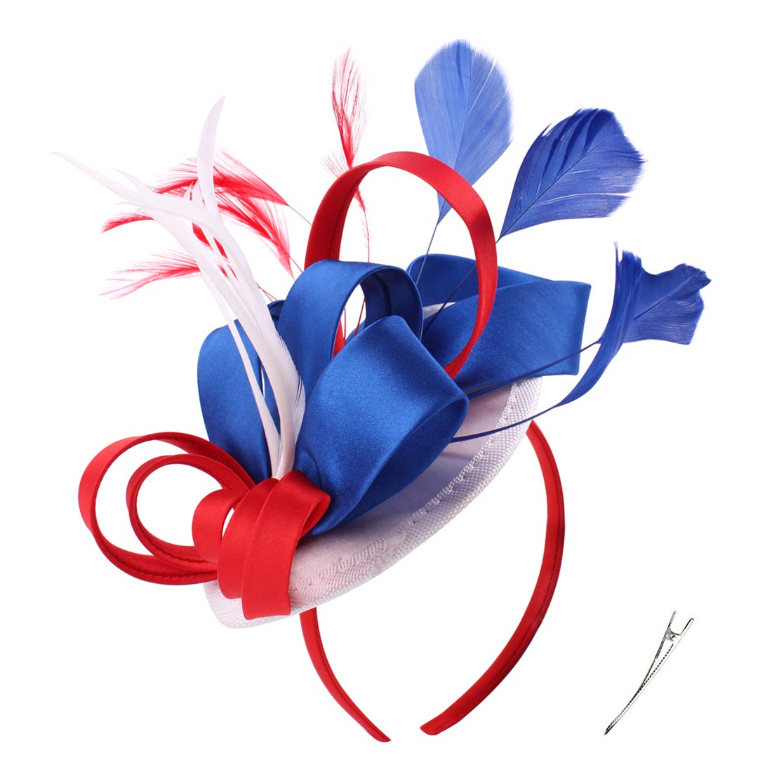 FELIZHOUSE Flag Color Feather Fascinator Hats Headband for Women, Cocktail Tea Party Royal Ascot Costume Headwear, Wedding Church Hair Clip (Flag Red Blue White)