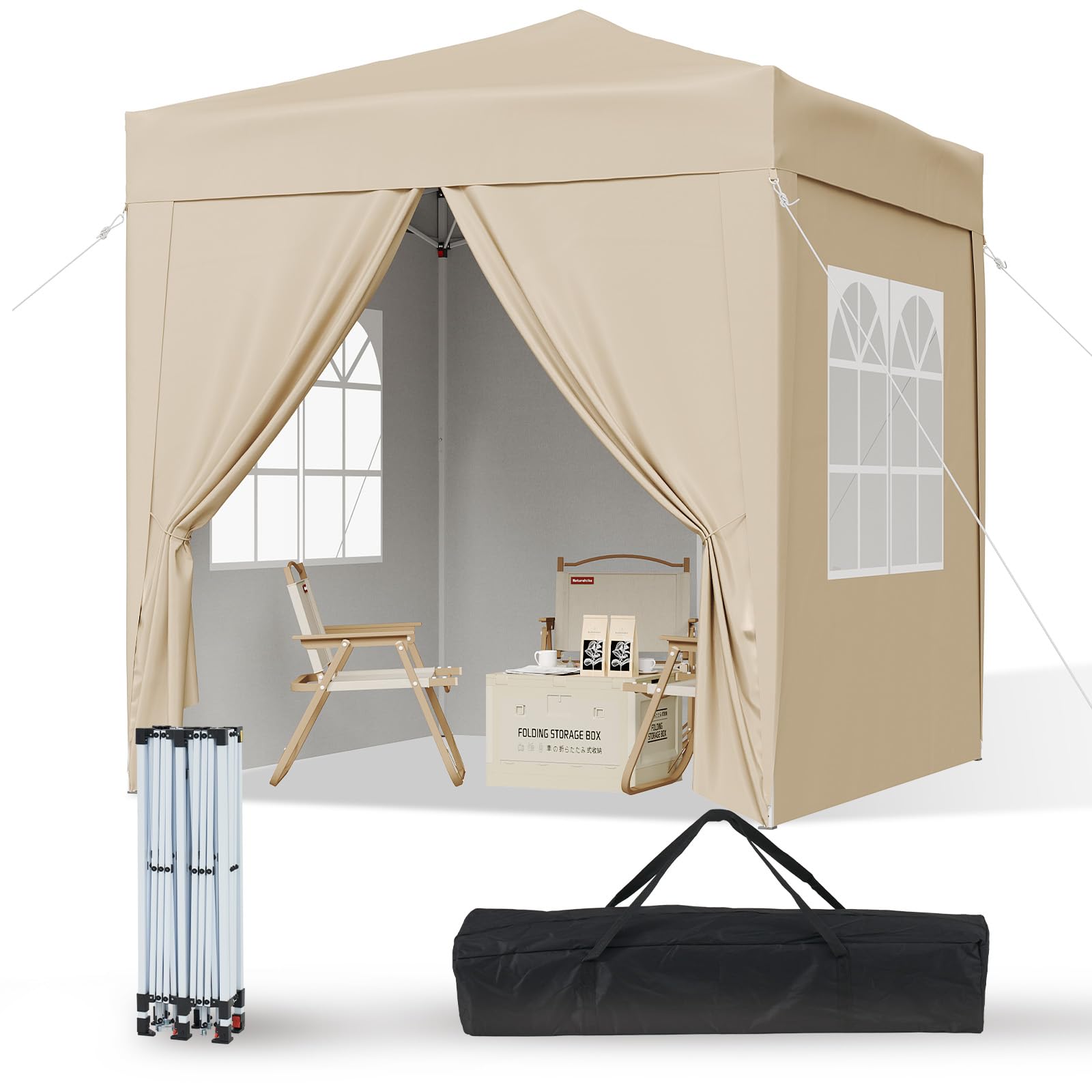Aoxun Pop Up Gazebo with Sides 2m x 2m, Metal Frame Shelter Tent for Outdoor Garden Party, with Mesh Windows & Carry Bag,Beige — image 1