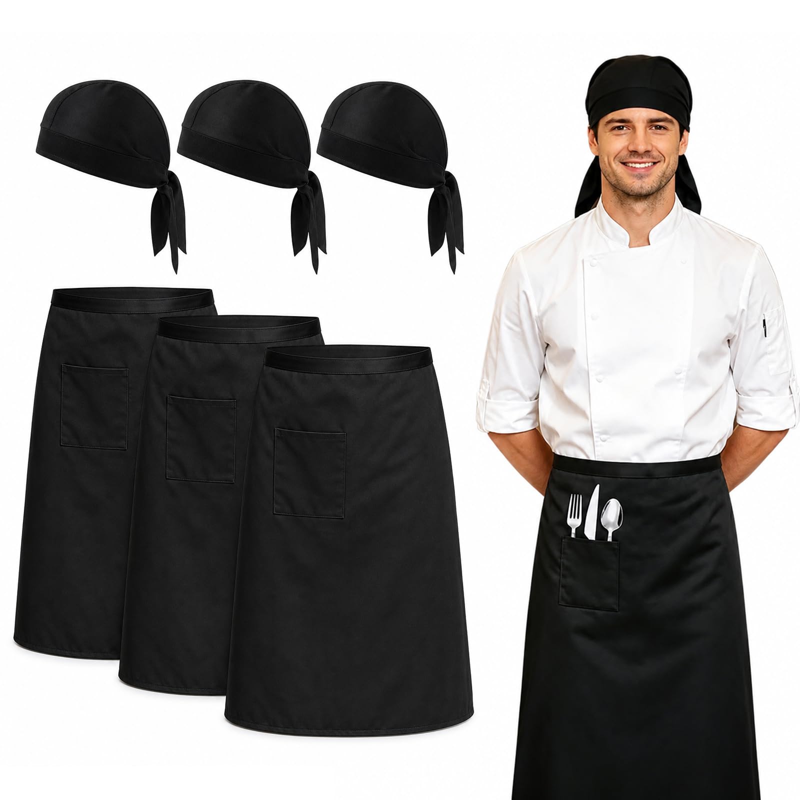 UCFBWO 6er Set Kellnerschürze & Vorbinder Schwarz, Gastronomie Schürze | 3x Schürze Kurz mit Tasche + 3x Kopftuch (Koch Halstuch). Ideal als Vorbinder Schürze Herren und Damen im Restaurant.