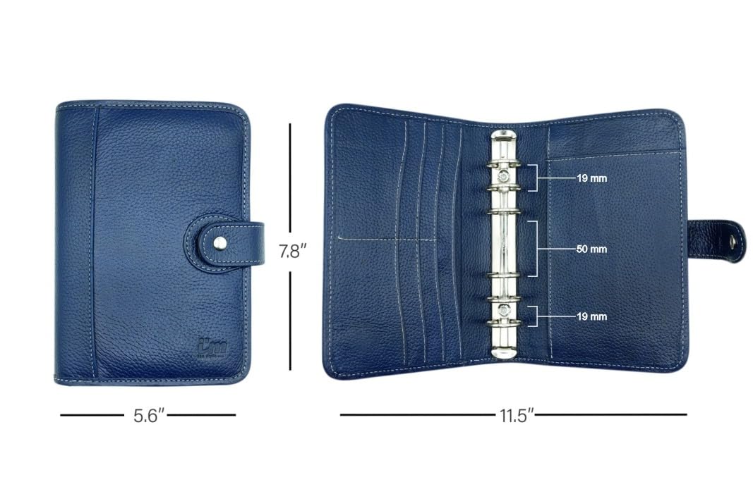Luxury Handmade Leather Personal Organizer Full Grain Cowhide A6 6-Ring Binder Planner (Blue) - Image 3