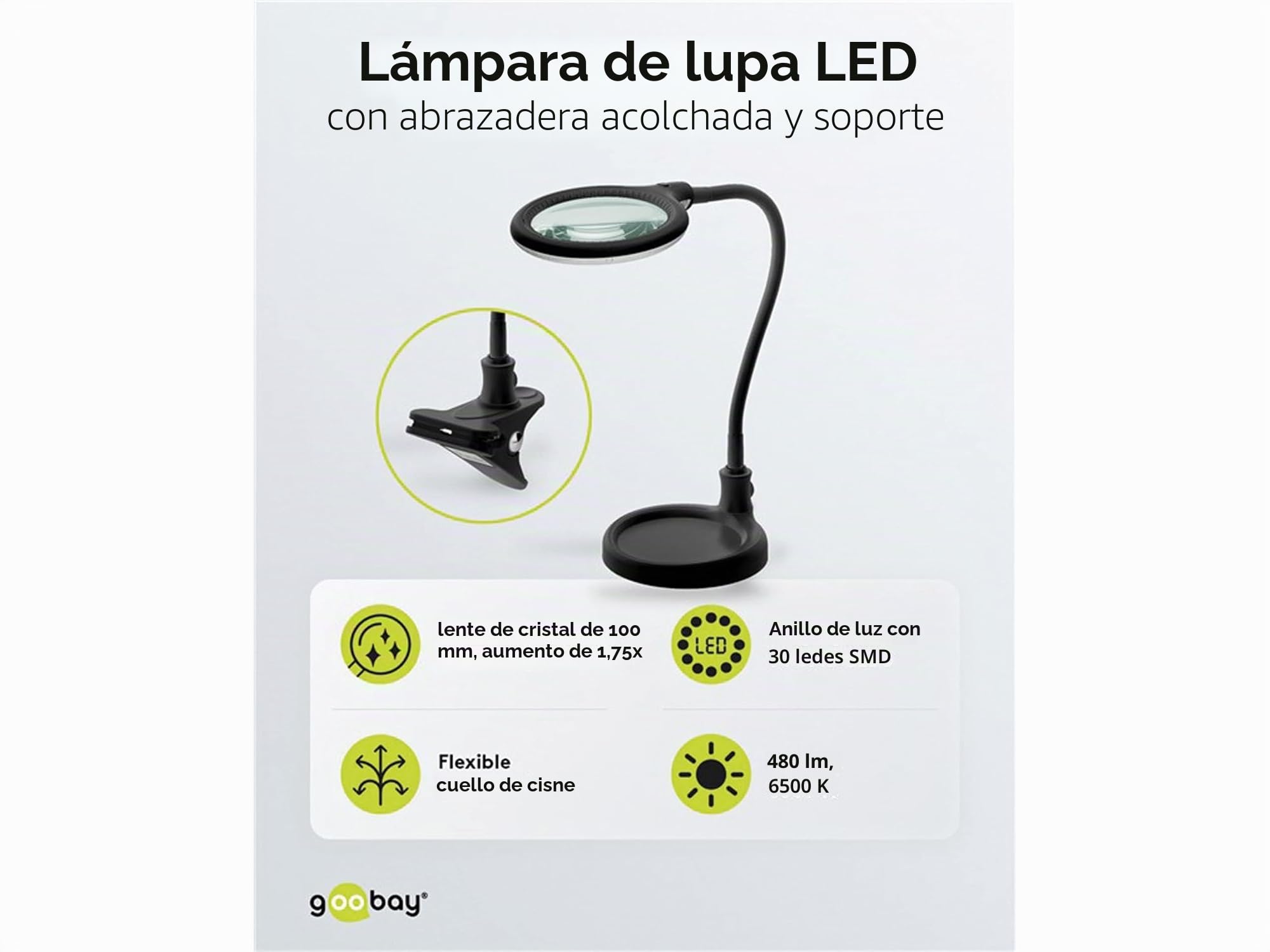 goobay 64990 Lámpara lupa LED 6W 480lm/ soporte lámpara lupa, pinza/lente cristal 100mm 1,75 aumentos/lupa trabajo cosmética, soldadura, manualidades, leer/cuello cisne/lámpara sobremesa