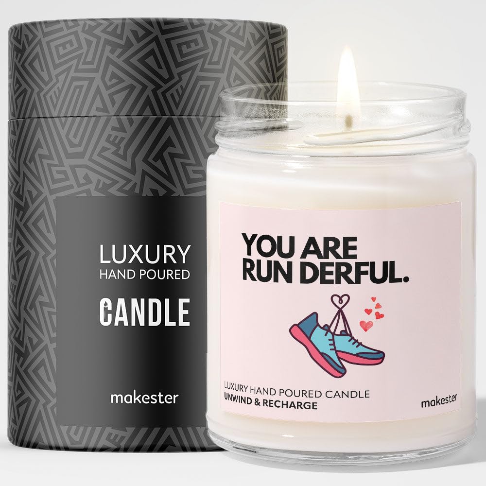Gift for Running A Marathon - Luxury Soy Wax Candle - Vanilla, Jasmine, Sugared Almond - Makester, White, 220g