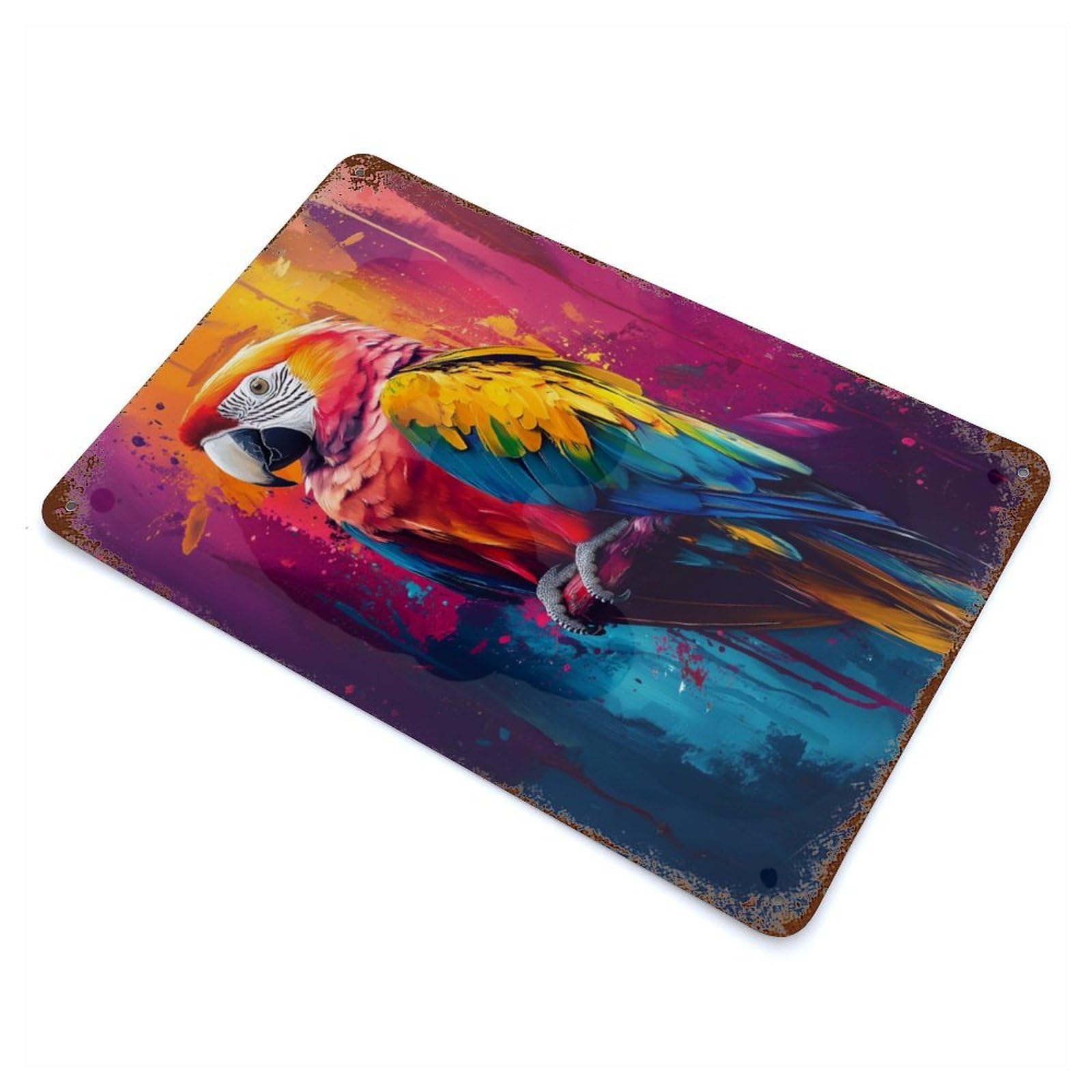 Distressed Metal Wall Sign Floral Parrot Painting 11.8"x7.9", Retro Wall Decor for Basement, Hobby Room And Garage Decor