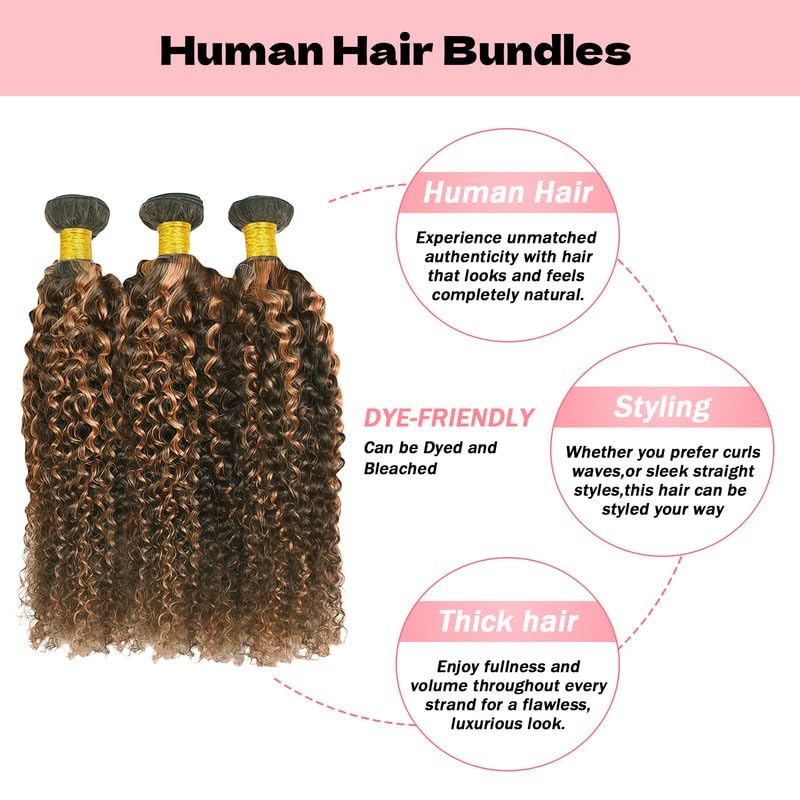 Highlight Brown Human Hair Bundles 26 28 30 Inch Light Brown Curly Bundles Human Hair Brazilian Virgin Remy Jerry Curly Hair 3 Bundles P4/30 Color