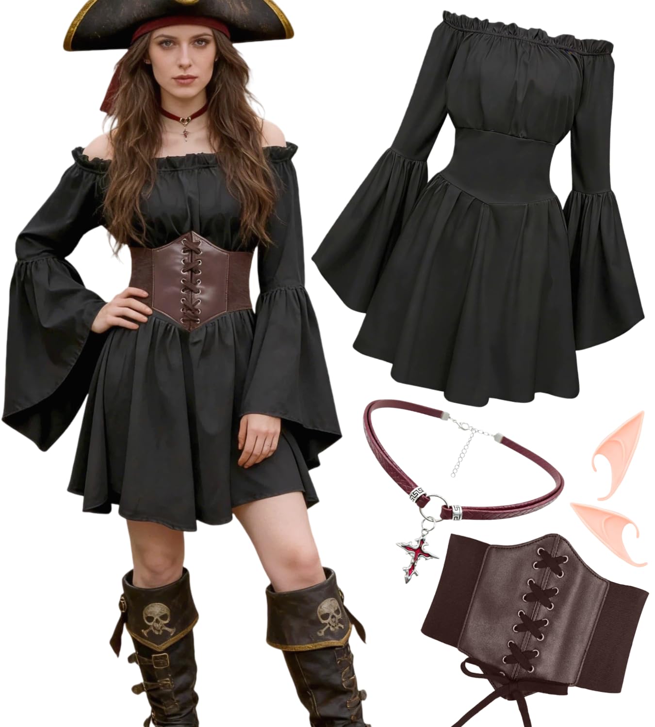 kasahara Medieval Clothing Women's Set Gothic Dress Retro Renaissance Clothing with Corset, Belt Bag, Belt, Victorian Witch Carnival Fancy Dress Costume (Black-Brown, L)