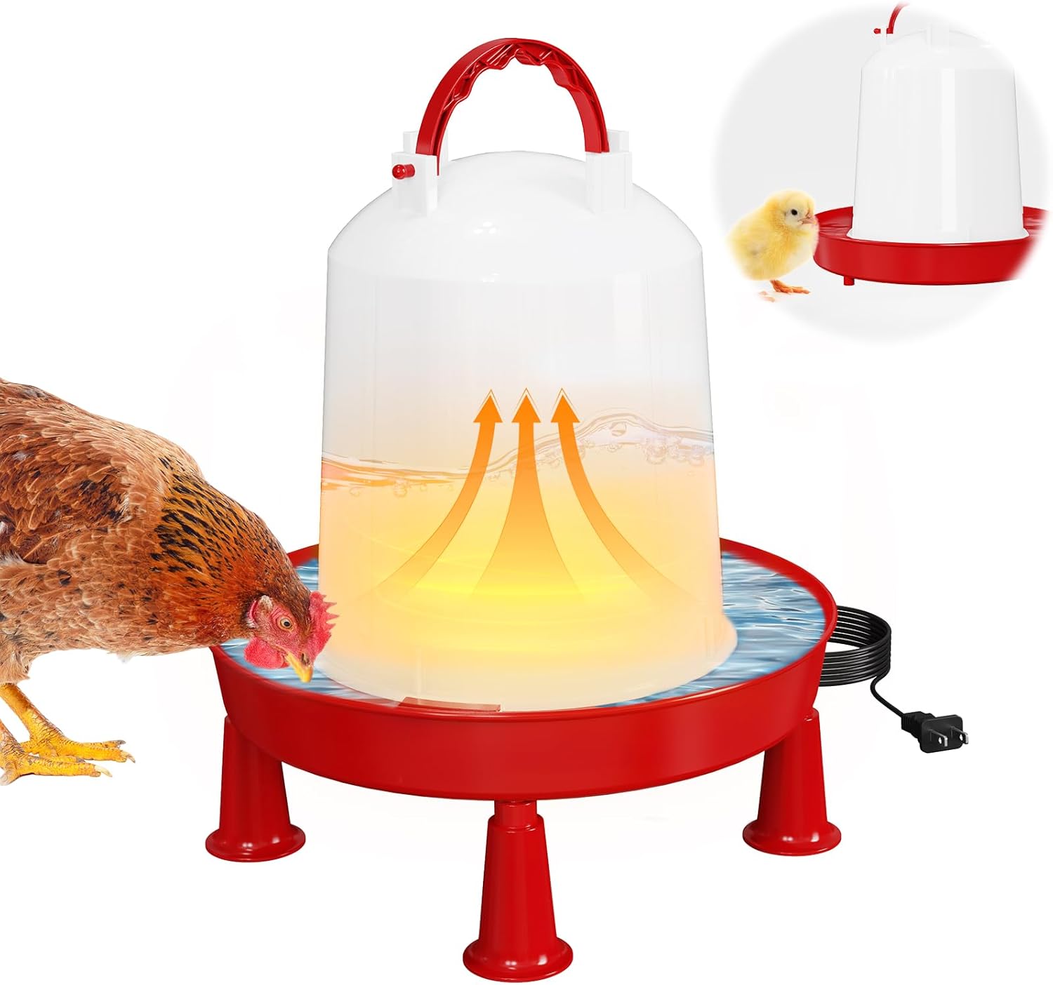 Nexum Heated Chicken Waterer – Durable Winter Poultry Water Dispenser with Handle, Food-Grade Plastic, Easy to Refill & Clean, Keeps Water from Freezing, for Chickens, Ducks & Small Flocks 6L Waterer-Red