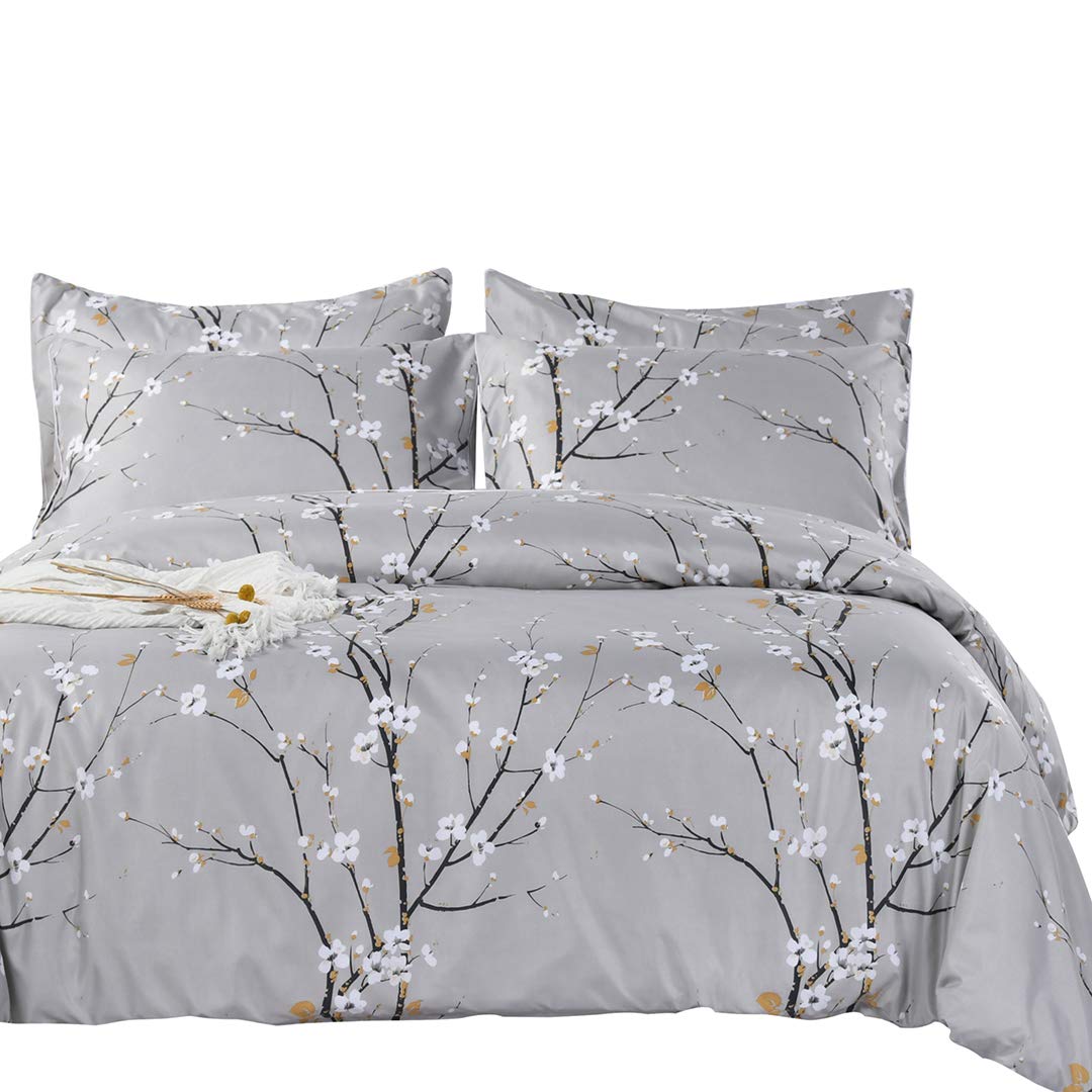 SexyTown Duvet Cover and Pillowcase Set 3 Piece Duvet Cover Set King Size Floral and Branches Pattern on Light Grey 3 Piece Polyester Duvet Cover Set with Zipper Closure (Pattern E, King)