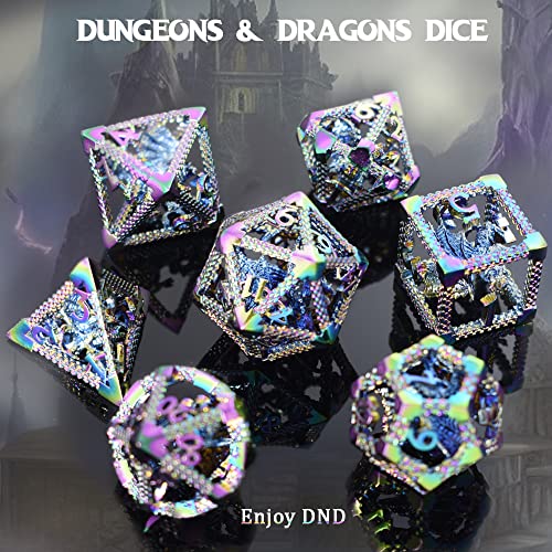 Rule Dice 7Pcs Captive Magic Dragon Metal D& D Dice Set, Unique Design, Fantastical Hollow Polyhedral Dnd Metal Dice, Suitable For Role Playing Games Dungeons And Dragons D&D Dice Set (Rainbow) #TOP3