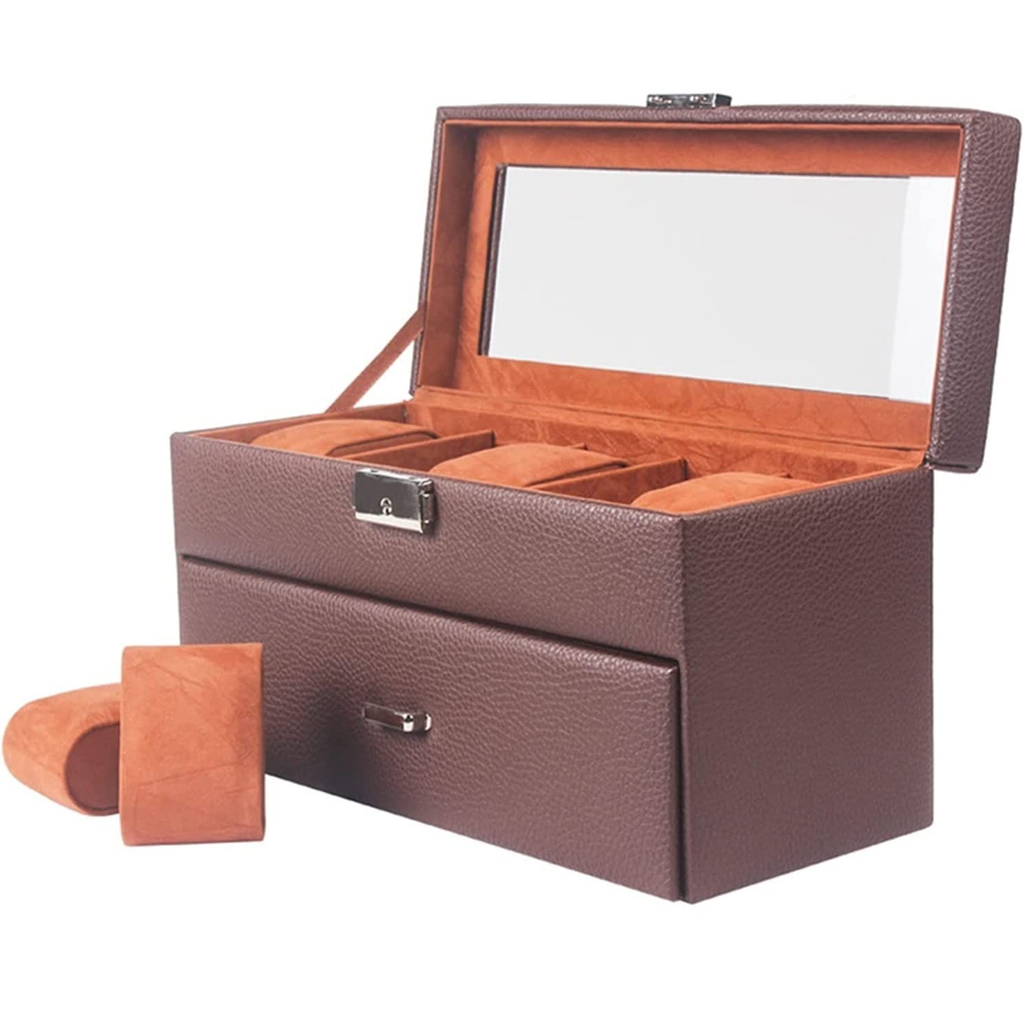 Uhrenbox, exquisiter Uhrenbox-Organizer mit 2 Ebenen und 10 Fächern, mit Schublade und Glasdisplay, abschließbarem Uhrengehäuse, Uhrenaufbewahrungsbox Safehappy