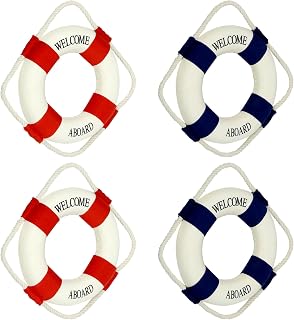 QWORK Life Buoy Wall Hanging Decor - 4 Pack Welcome Aboard Mediterranean Style Home Decoration (Red +Blue 5.5") - Nautical Chic Decorative Lifeguard for Home, Office, or Beach House