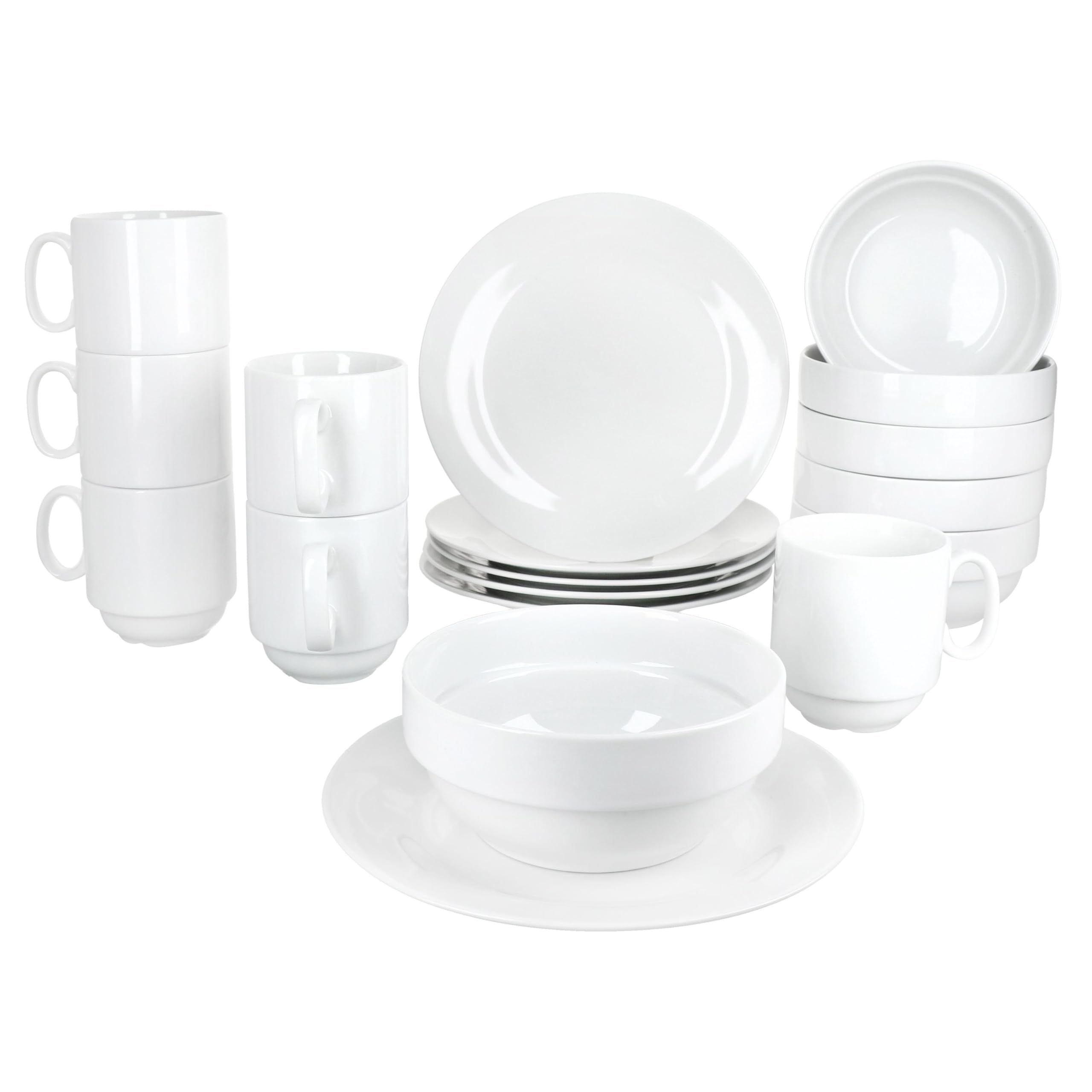 MamboCat Tommy 18tlg Frühstücksset I weißes Porzellan-Geschirr für Frühstücks- & Kaffeezeit I Je 6x Teller, stapelbare Schalen 360ml & Becher 220ml für 6 Personen