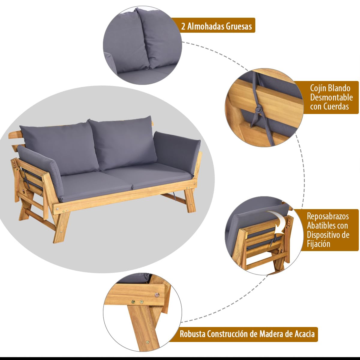 COSTWAY 3 en 1 Banco Jardin 2 Plazas, Madera Acacia, Sofa Cama de Jardín, Reposabrazos Abatibles, 2 Almohadas Lavables, Sofa Tumbona Terraza Exterior Interior, 198/175x75x75cm, Máx 320 kg (Gris)