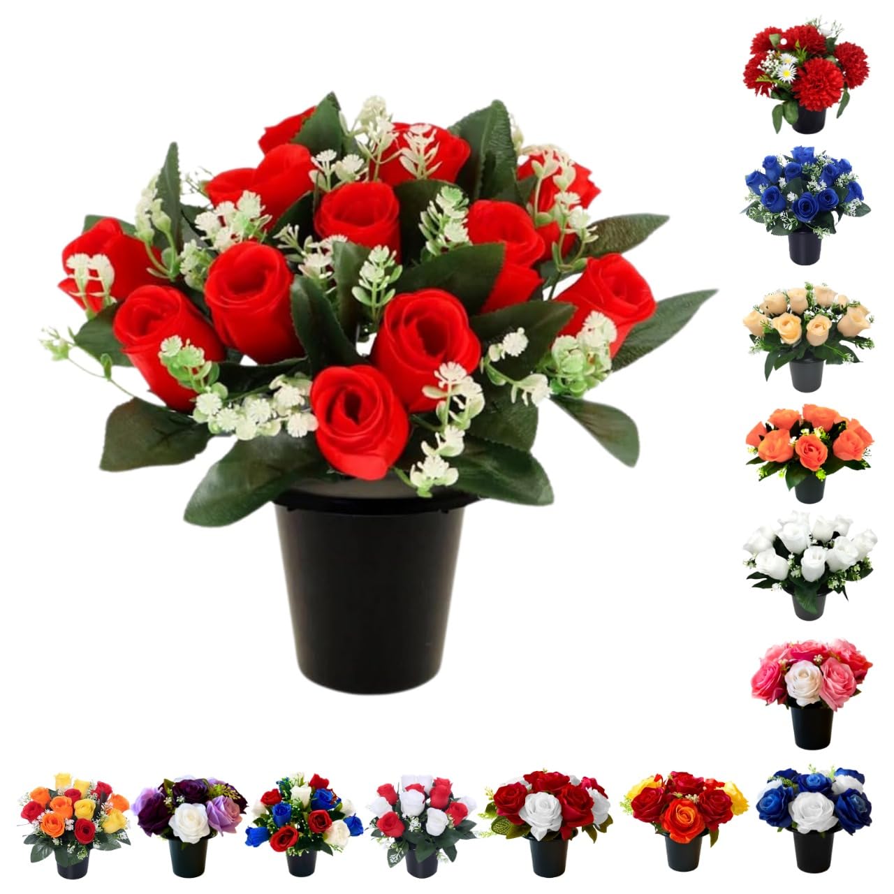Caliko Red Artificial Flowers Graves | 12 Head Grave Flower Pots | Perfect Memorial & Cemetery Decor Funeral Flowers/Cemetery Flowers In Improved Version, Rose Buds