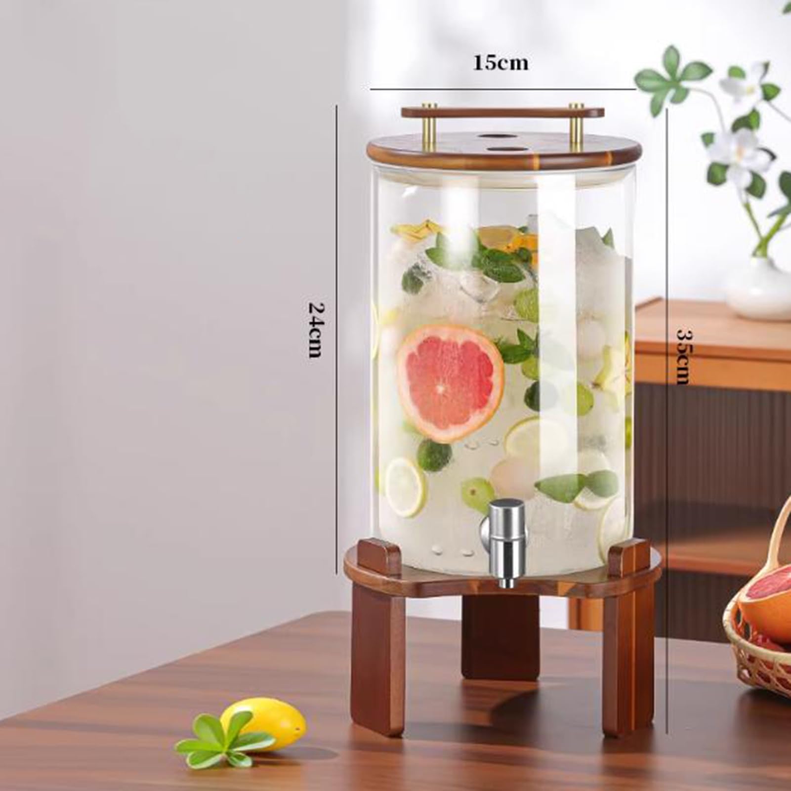 Dispensador de bebidas con grifo, decantador de barril de vidrio de 2,5 L con soporte de madera para eventos al aire libre y uso diario