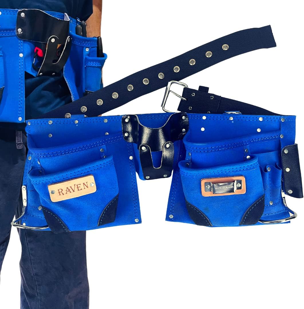 RAVEN 12 Pocket Blue Leather Tool Pouch With Leather Belt Knife
