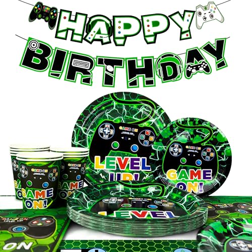 Videojuegos Suministros para Fiesta, 128pcs Juego Vajillas para Videojuegos - Platos de Fiesta de Videojuegos Servilletas Vasos Mantel Pancarta etc Video Game Cumpleaños Decoración para Niños