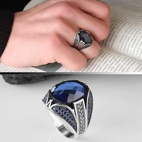 Miniatura 4 de 925 Sterling Silver Men Silver Ring with Sapphire GemStone, Handmade Engraved Silver Ring, Gift for him, Minimalist Silver Ring (12)