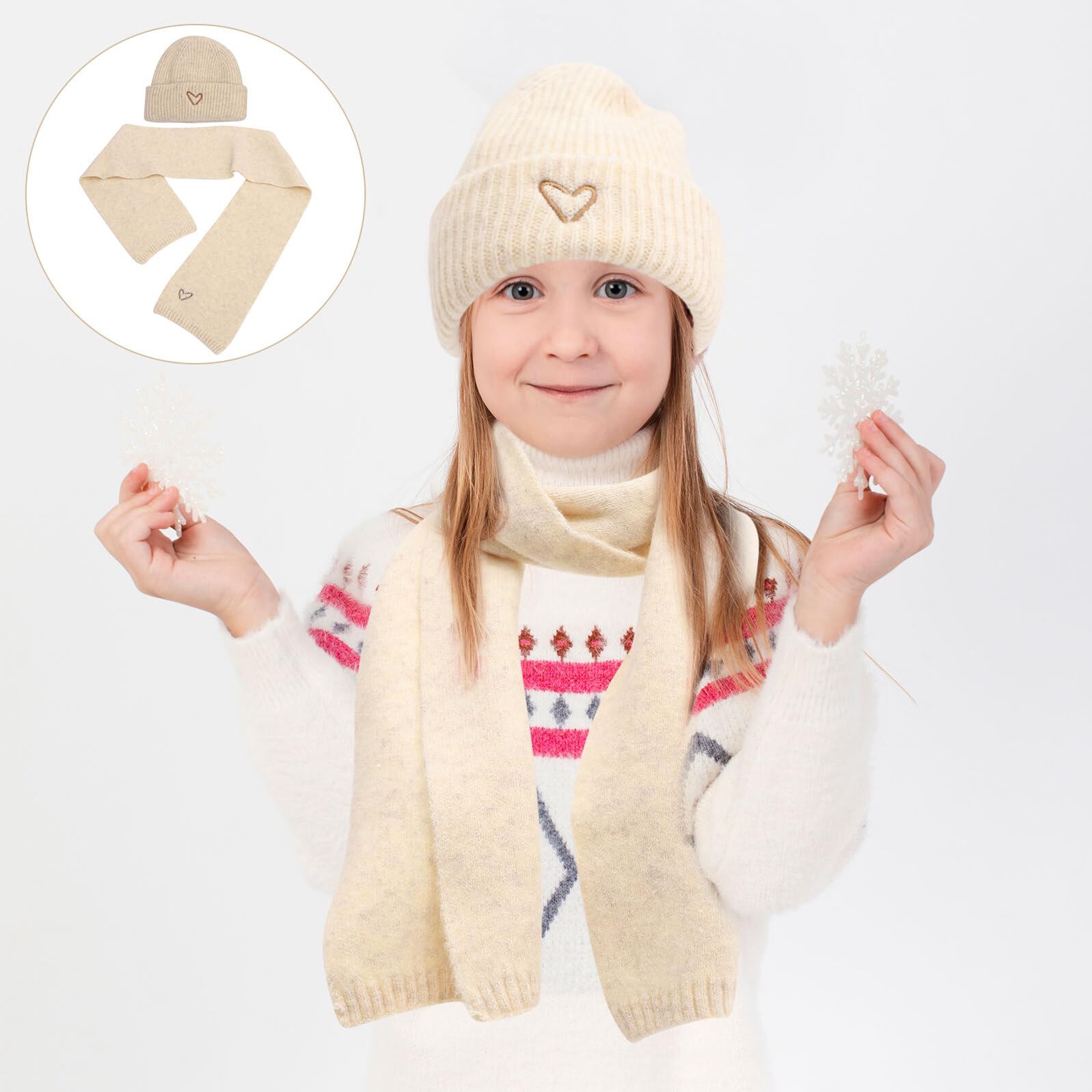 Abaodam Set Caldo Cappello e Sciarpa con Cuore Ricamato per Bambina Cappello Caldo Invernale Morbido e Sciarpa Calda Invernale per attività all’Aperto Accessori Comfort e Protezione per