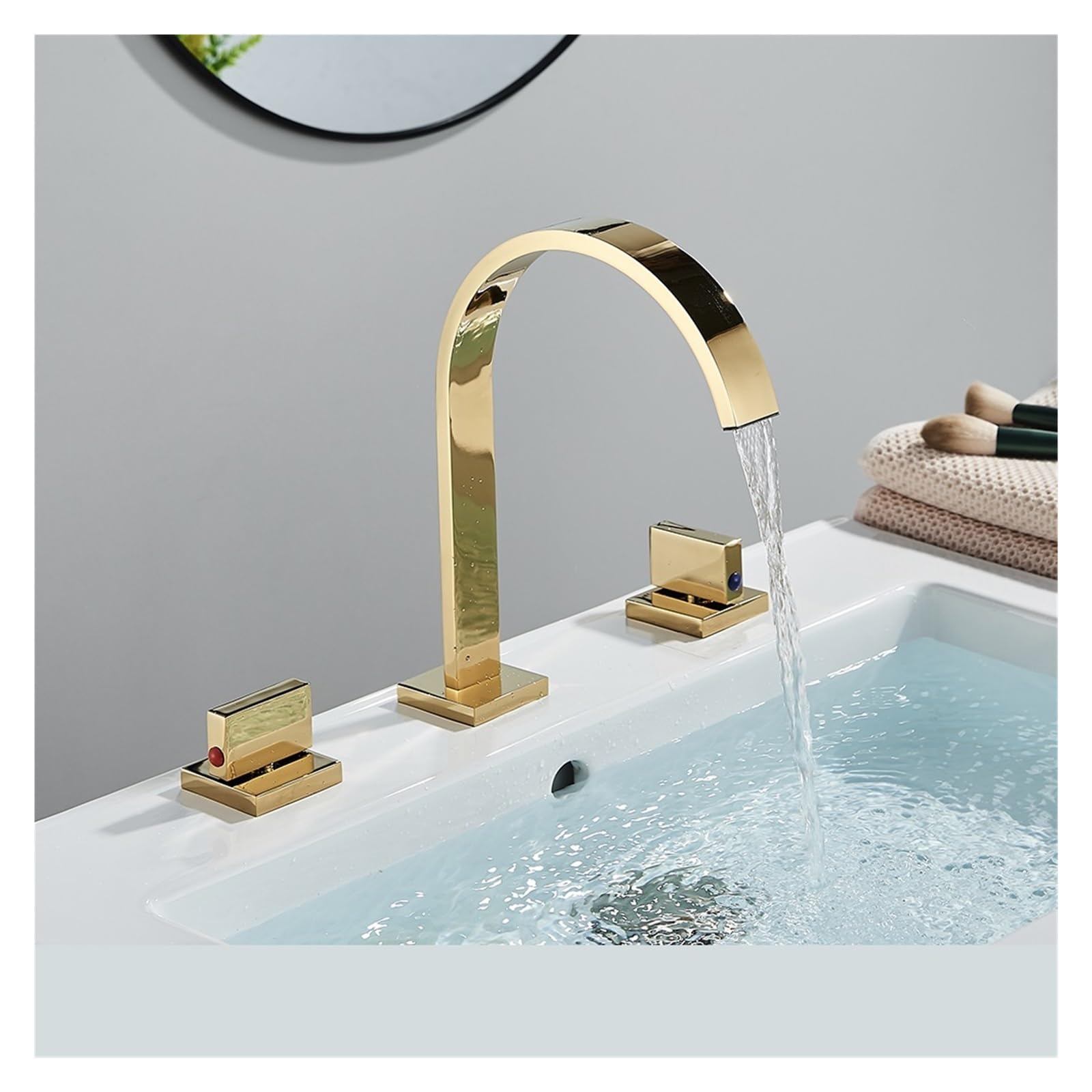 Robinet de lavabo 3 trous haut de gamme mitigeur double poignée finition dorée