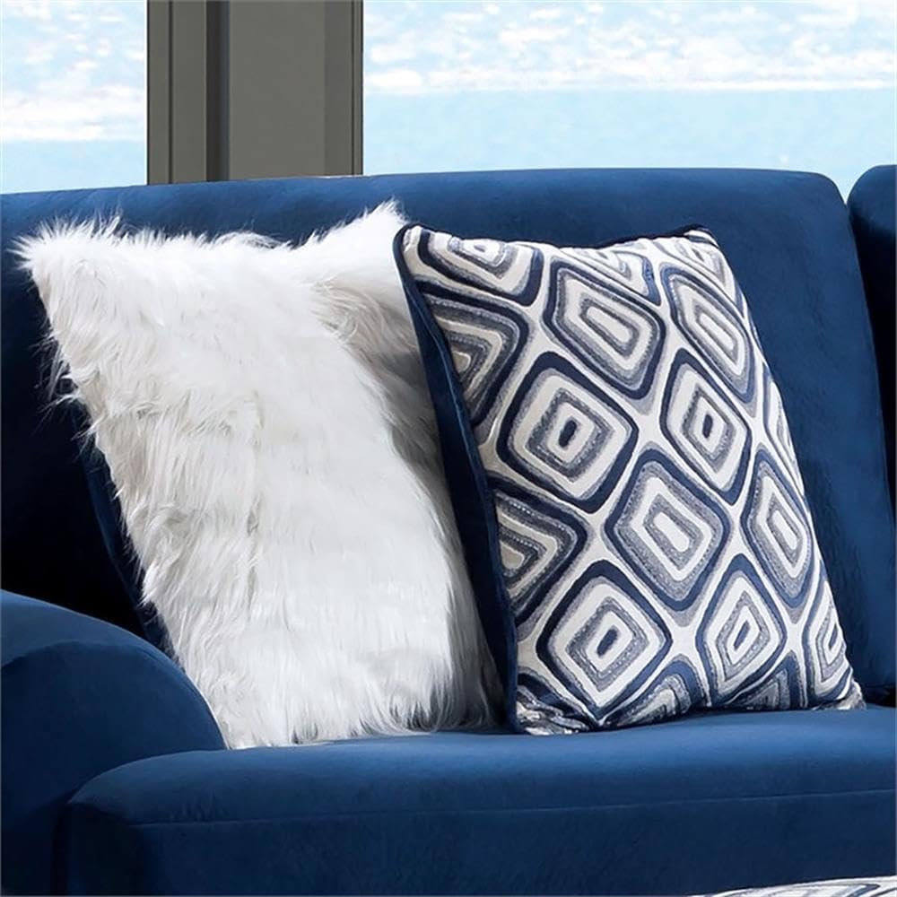 BOWERY HILL Microfiber Upholstered L-Shaped Sectional Sofa, Navy Finish, 123.5" L x 79" W x 41" H, Solid Wood Frame, Reversible Geometric Pillows, Right Side Chaise, Transitional Living Room Seating