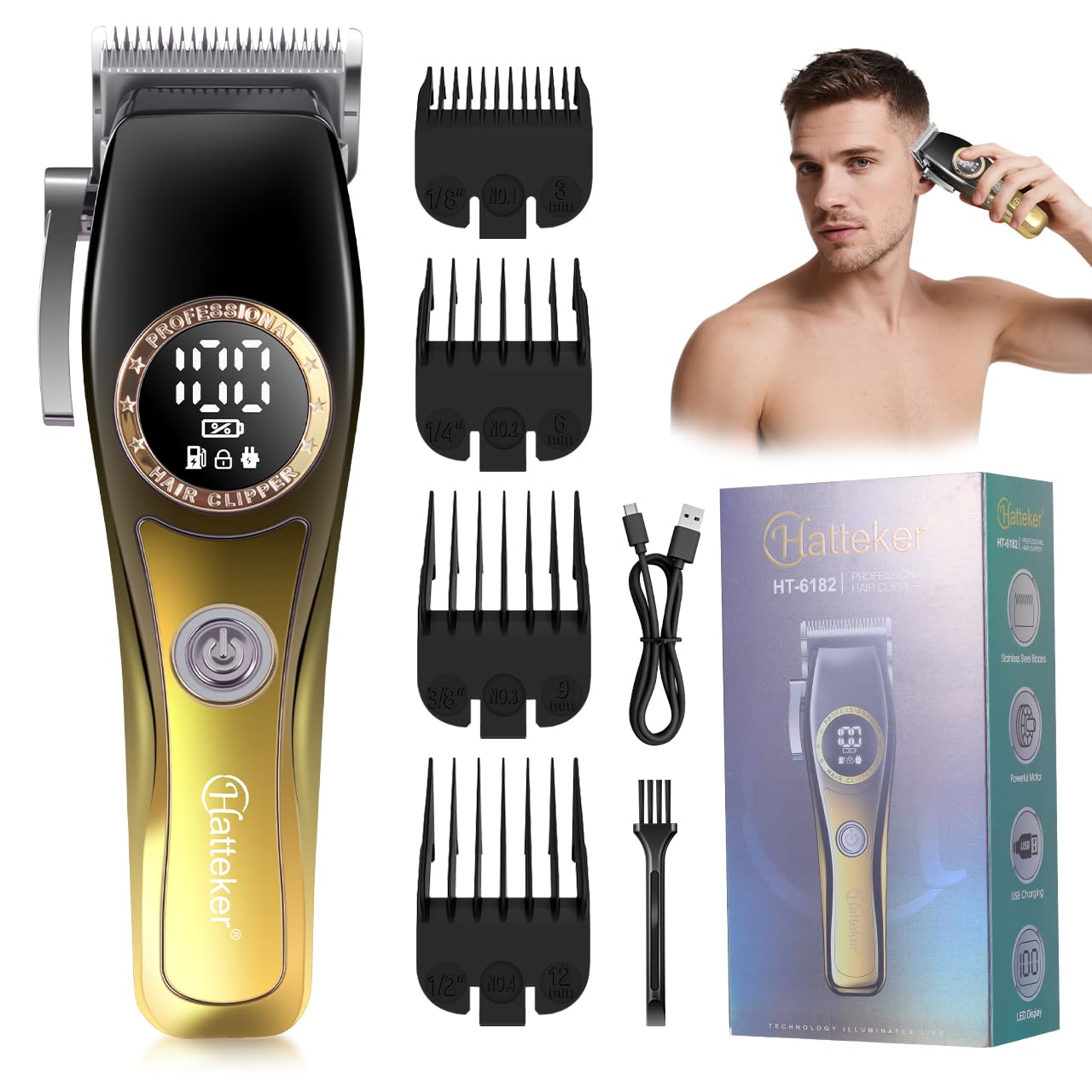 HATTEKER HT-6182 Professional Hair Clipper for Men, Stainless Steel Blade, 2000mAh Lithium Battery, Lever Adjustment, LED Display, Type-C USB Charging, 180 Min Runtime, 4 Guide Combs GOLD-image-45