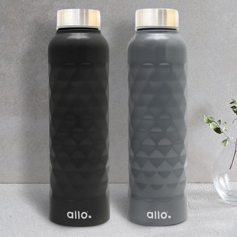 Image of Allo Stainless Steel Water Bottle For Adults, Kids 1 Litre Water Bottles For School, Office, Sports, Gym 1L Water Bottle For Men And Women, Pack Of 2| Leak Proof, Bpa Free, Black & Dark Grey Diamond