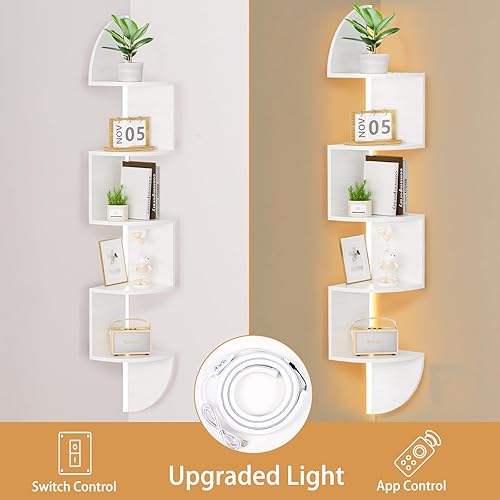Miniatura 4 de Waipfaru Estantería esquinera de 5 niveles con luz LED, estante esquinero montado en la pared, estantes flotantes para pared, soporte de exhibición