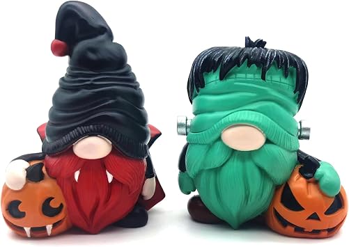 YOKUSHI 2 PCS Halloween Gnomes Decorations, Fall Table Decor Resin Figurines with Pumpkin for Home Office Indoor Gifts