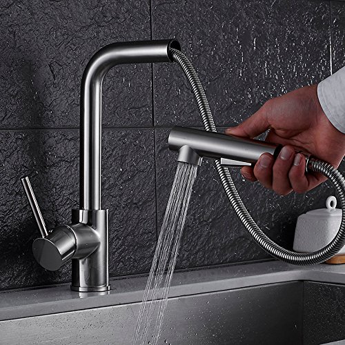 Grifo de la cocina acabados de níquel de la grúa latón fregadero de cocina Pull Out grifo de la cocina, fregadero grifo mezclador con la extracción en Cabeza de ducha