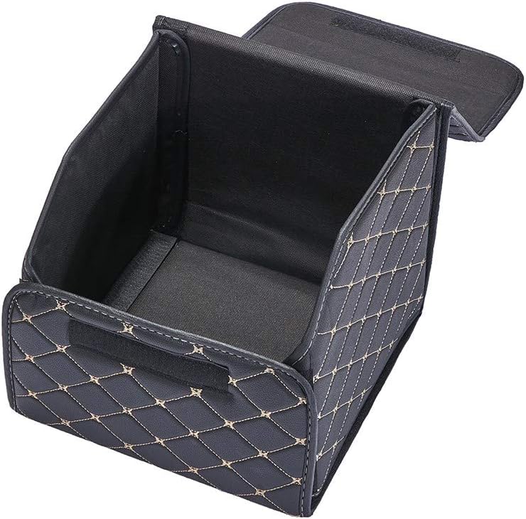 XhuangTech PU Leather Multipurpose Collapsible Car Trunk Storage Organizer with Lid 13inch Portable Auto Tools Cargo Holder Storage Box Tidy Case (Black with beige line)