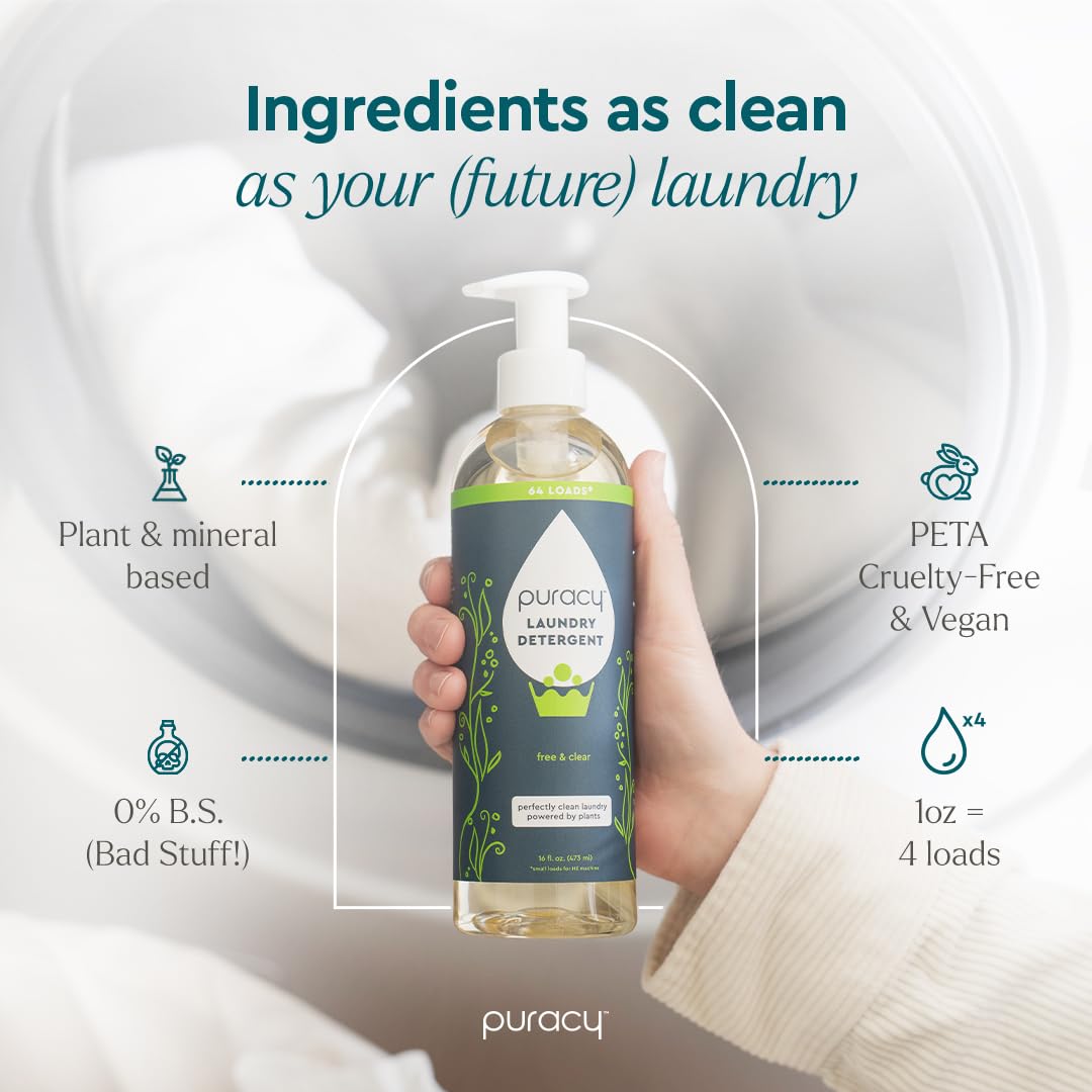 Puracy Laundry Detergent - Enzyme-Powered Liquid Laundry Detergent Concentrate, Natural Laundry Detergent Seen on TikTok, Non-Toxic (Free & Clear, 16 fl oz, 64 Loads)