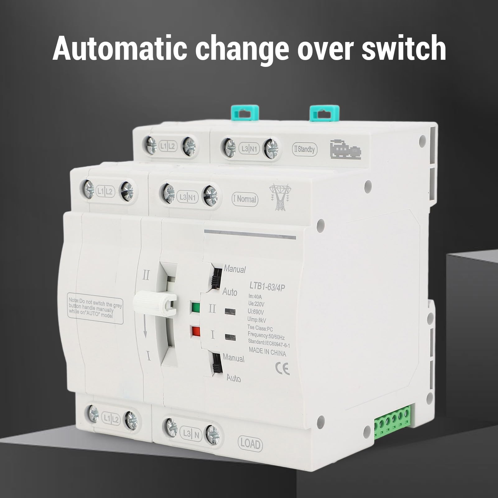 Interruptor de Transferencia Automático, 4p 40A Mini ATS, ATS Ininterrumpible de Nivel de Milisegundos, Tipo de Riel DIN, Cambio entre Potencia de Servicios Públicos
