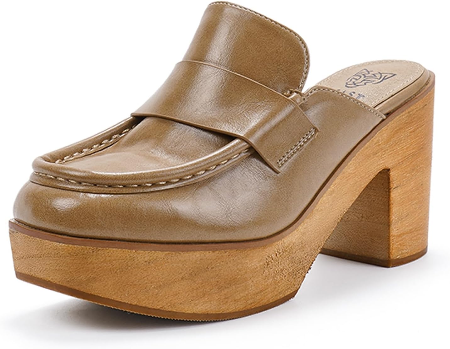 BEAST FASHION Women's Beige Platform Clogs - Wooden Heel, Closed Toe, Slip-On Mules - Perfect for Casual Occasions