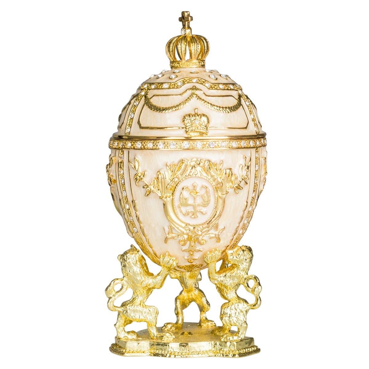 Œuf à la Fabergé boîte à bijoux crème 16,5 cm aux détails de lions impériaux