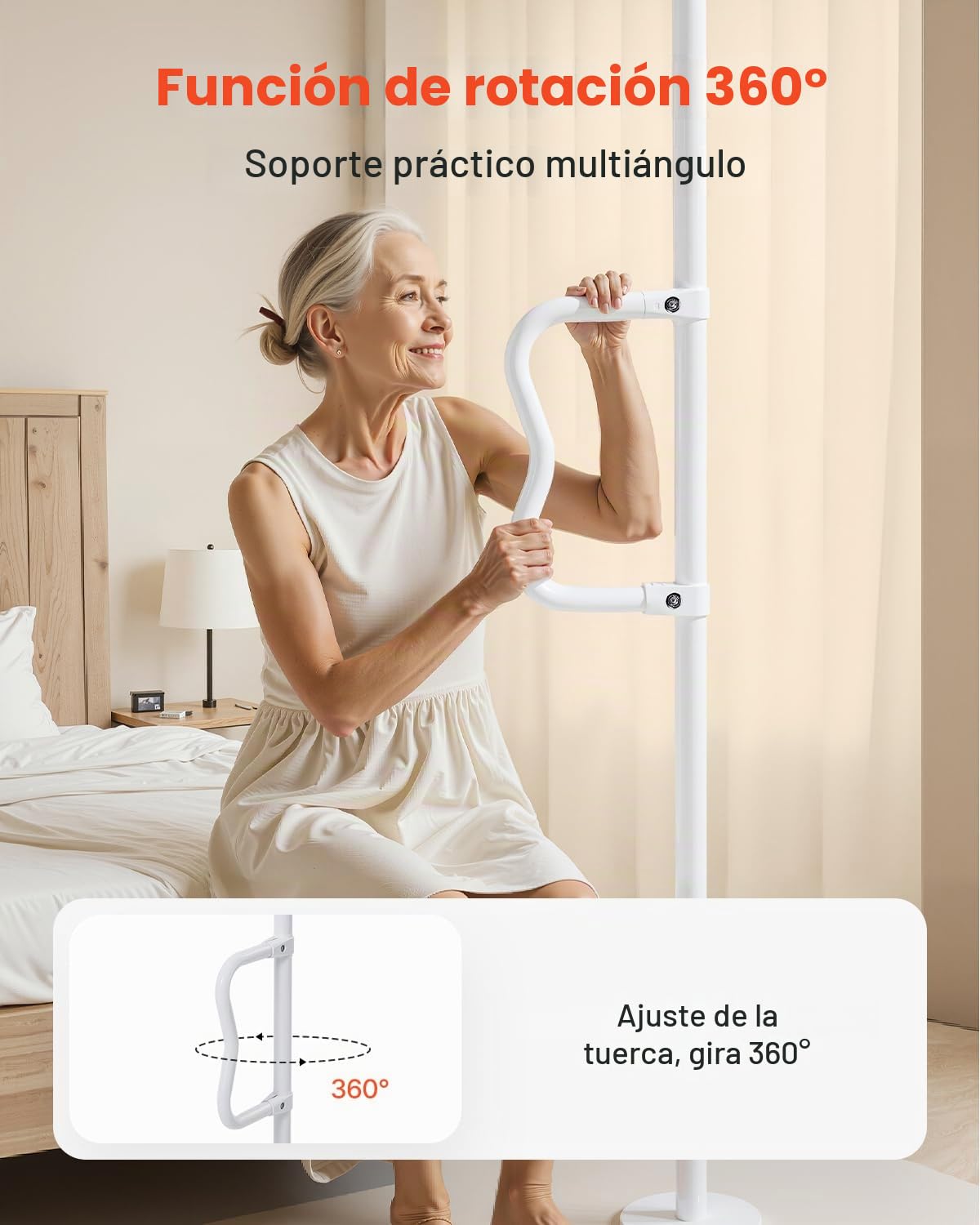 VEVOR Barra de Transferencia de Piso a Techo para Baño con Montaje a Tensión y Mango Curvo Antideslizante, con Capacidad de 136 kg para Personas Mayores, para Techos de 2140-3050 mm, Blanco
