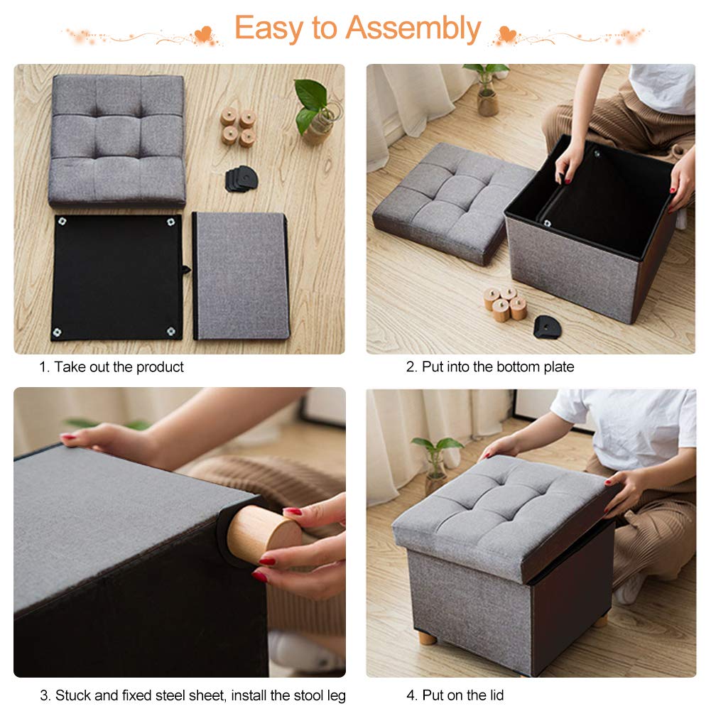 Cocoarm Sitzhocker mit Stauraum, 3 In 1 Faltbare Sitzwürfel mit Gepolstert und Füße aus Massivholz für Wohnzimmer Flur Kinderzimmer 38 x 38 x 35 cm Dunkelgrau