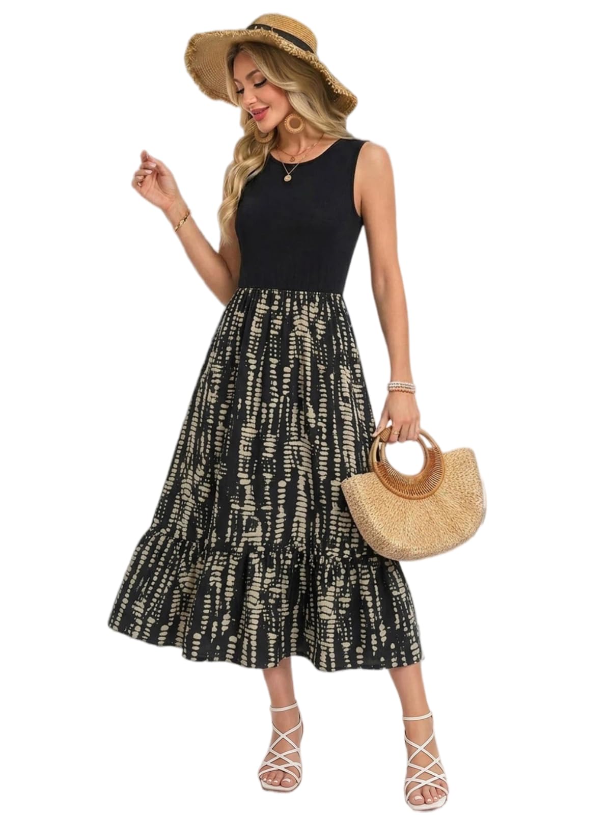 YUTILA Damen Sommerkleid Ärmellos Maxi Kleid Rundhals Zweiteilig Look Luftig Freizeitkleid mit Blumenmuster Elegant & Casual