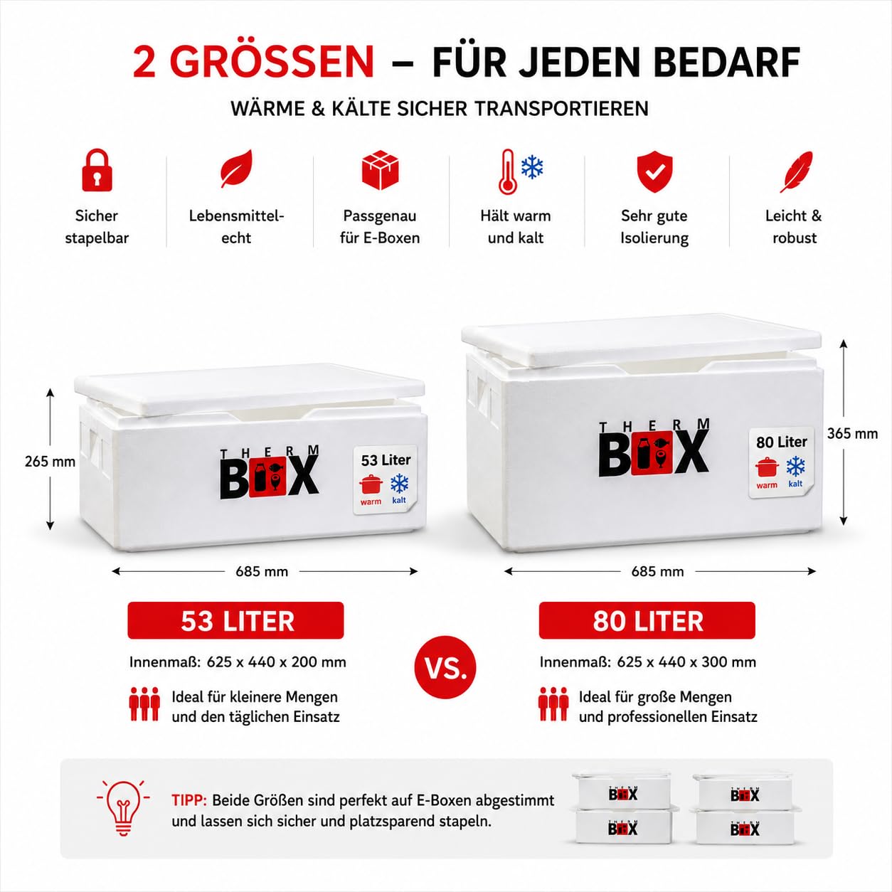 THERM BOX Scatola in polistirolo da 80 W, 80 litri, per scatola E3, per interni, 62,5 x 44 x 30 cm, spessore della parete 3 cm, contenitore termico, contenitore termico, contenitore termico E3