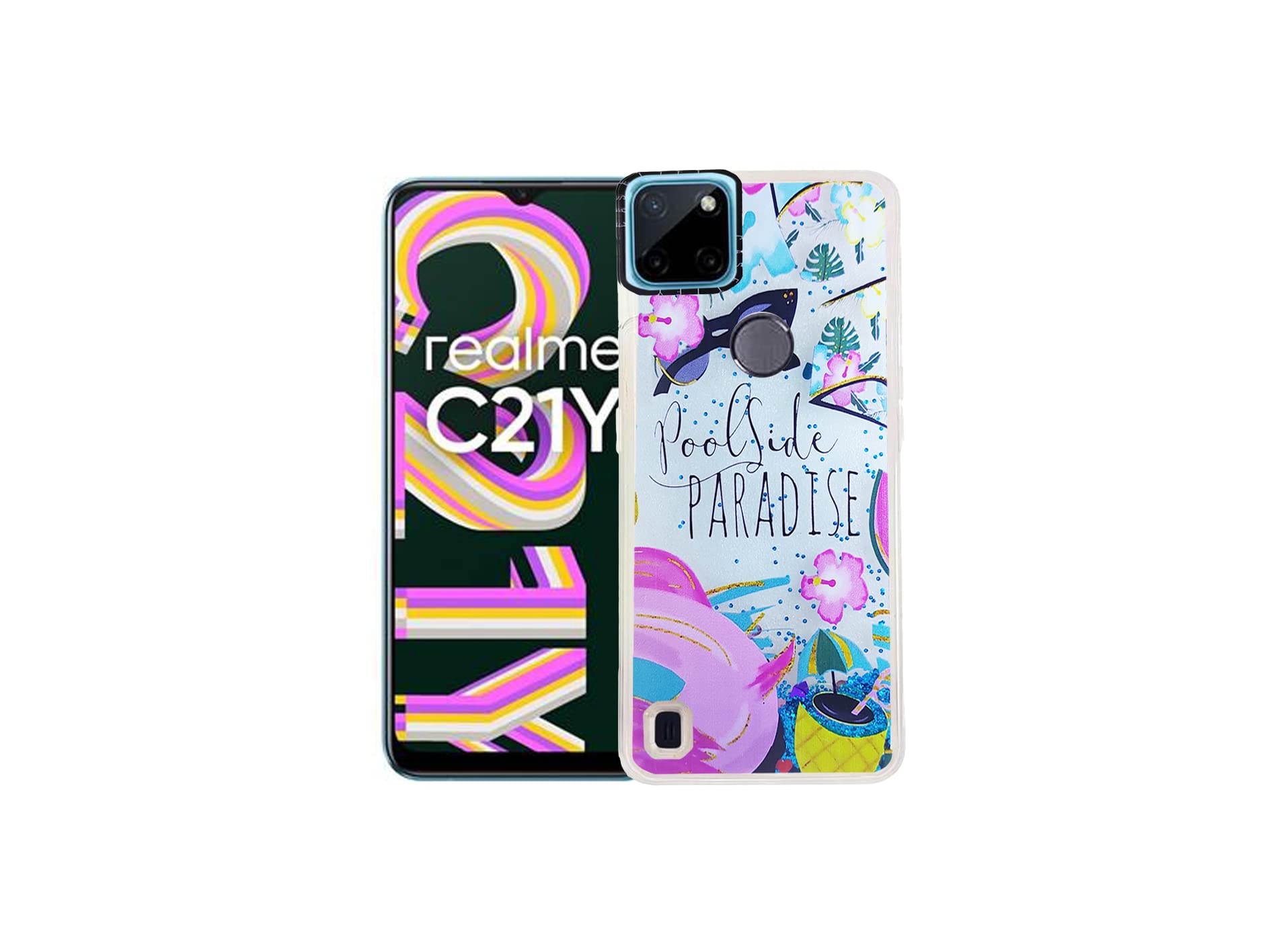 GBAKS Back Cover for REALME C21Y(Fully Glitter & Liquid with Camera Protector & Printed Pool Side in The Middle