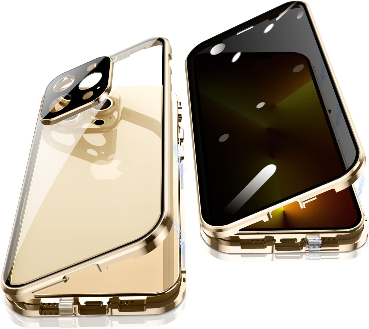 Jonwelsy Anti Peeping Case for iPhone 13 Pro (6.1"), 360 Degree Front and Back Privacy Tempered Glass Cover, Anti SPY Screen, Anti Peep Magnetic Adsorption Metal Bumper for iPhone 13 Pro (Gold)