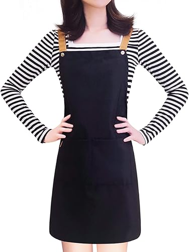 Delantal para mujer con correas ajustables y bolsillos, delantales de lona de algodón para cocinar, chef, estilista, babero, color negro, Negro -