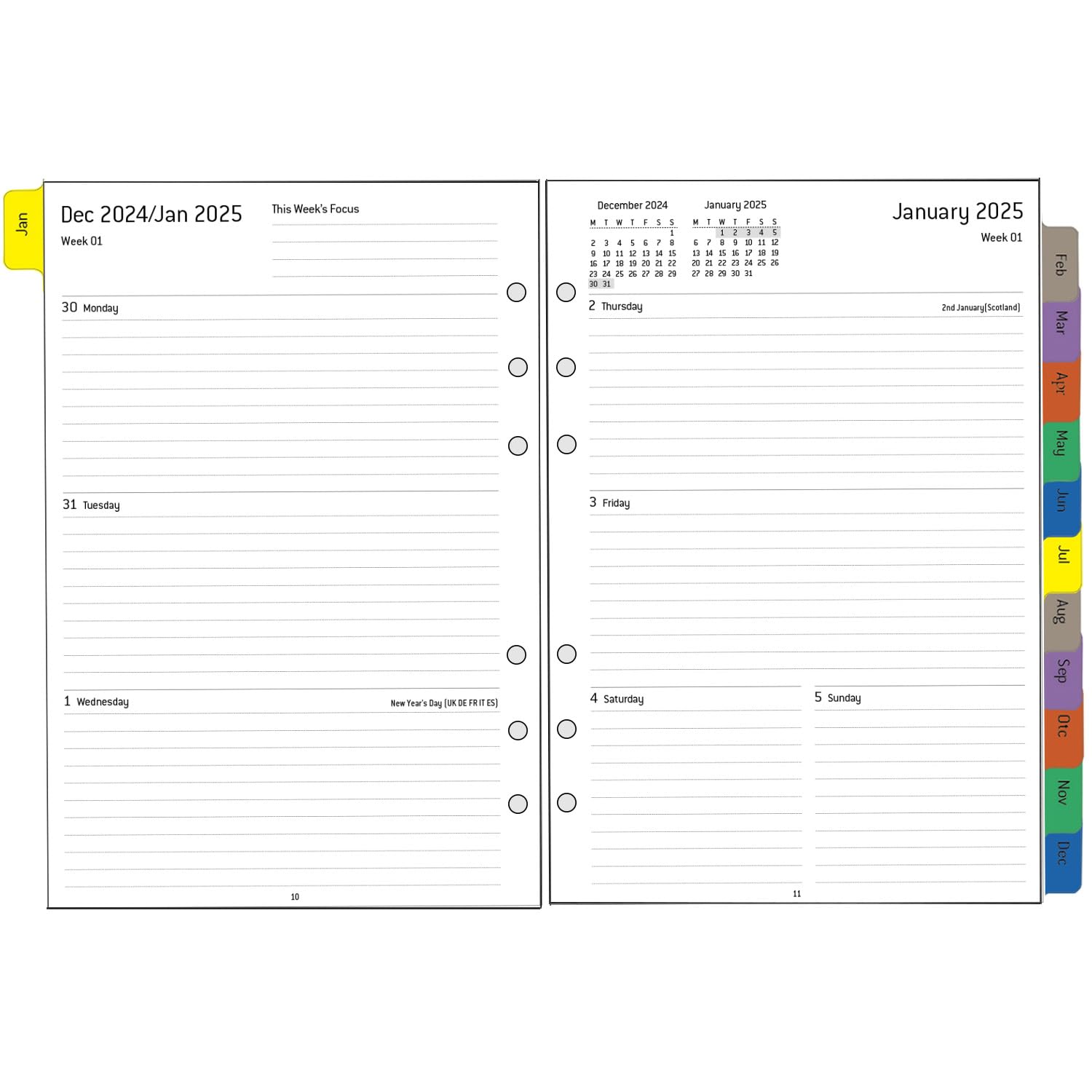 Recambio Agenda 2025 Semana Vista A5, Agenda Anual con Separadores de 12 Meses, Hojas de Budget Notas Contacto, Enero 25 - Diciembre 25, 6 Agujeros, Papel grueso, 100 gr
