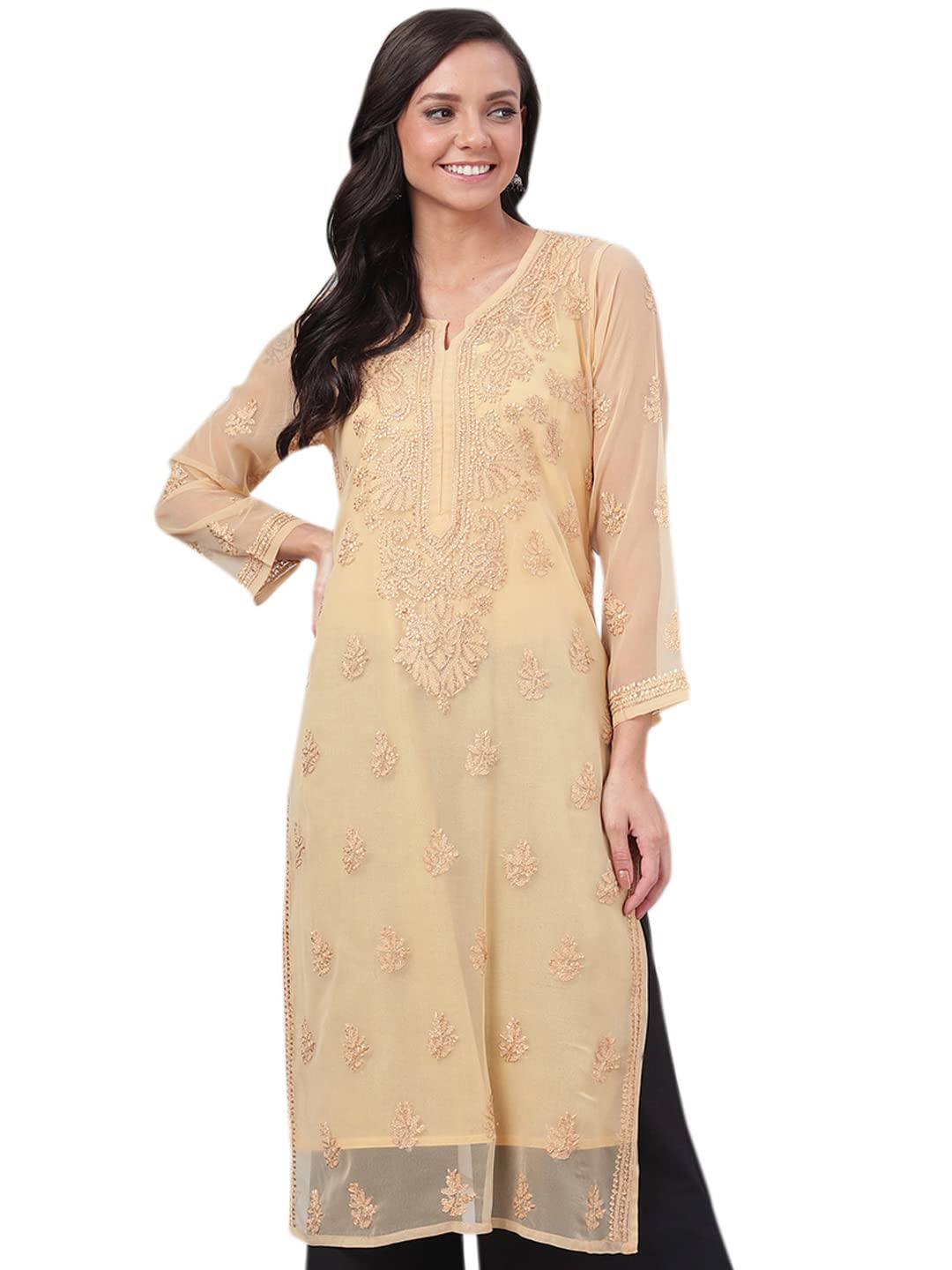 Ada Indian Hand Embroidered Chikankari Straight Georgette Kurti Kurta with Slip for Women A130702 (Fawn, 2XL)