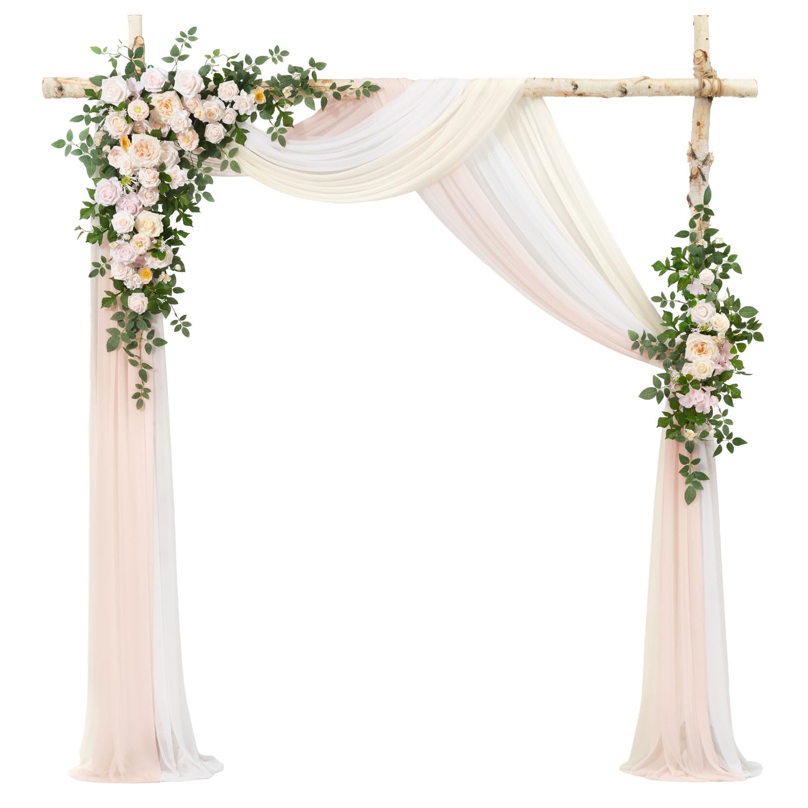 Photo 1 of Ling's moment Deluxe Spring Artificial Wedding Arch Flowers with Drapes Kit-Pack of 5, 2pcs Flower Arrangements 3pcs Hanging Sheer Drapes Cream Ceremony Arbor Reception Backdrop Rose Floral Decoration