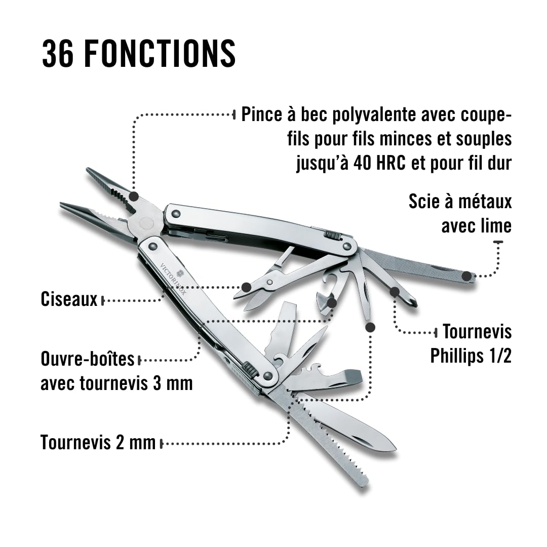 VICTORINOX Outil Multifonction Swiss Tool Spirit X Plus Ratchet, 36 Fonctions, Swiss Made, Outil Multifonction avec Lame Blocable et Pince à Bec, y c. Étui en Cuir, Argent