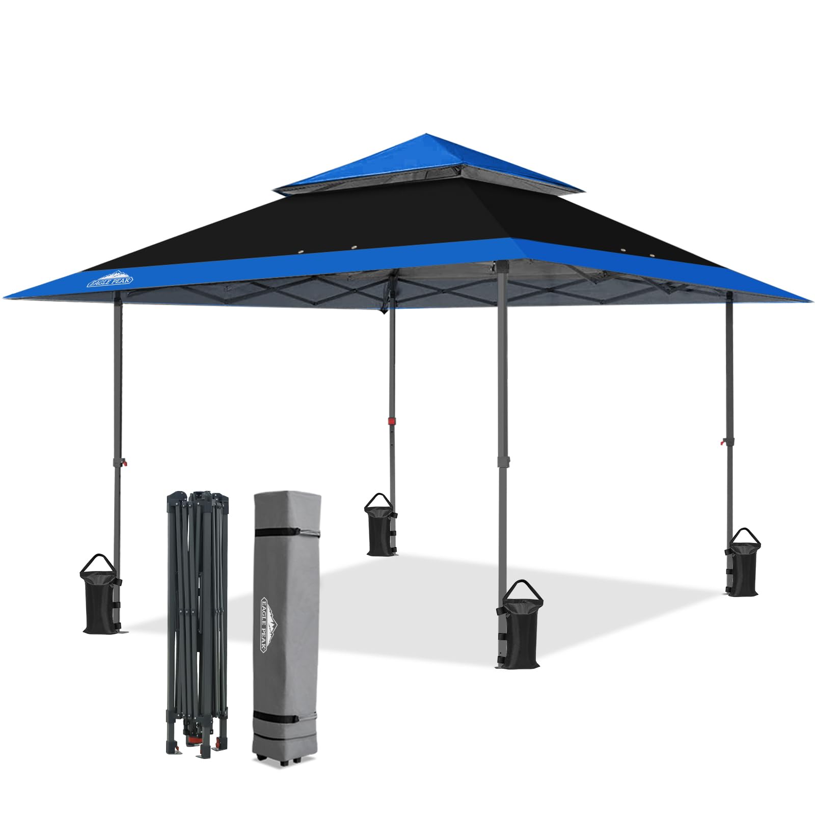 EAGLE PEAK Schräge Beine Faltbar Pavillon 4x4m Wasserdicht Camping Pop-up Faltpavillon mit Seitenteil, inkl. Rucksack, Blau/Schwarz
