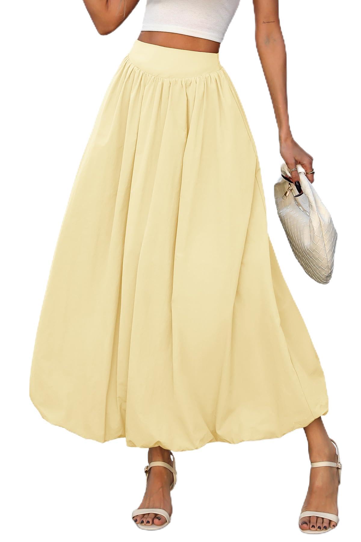 ELLEVEN Women's Bubble Maxi Skirt, Elastic Waist Puffy Hem A-Line Skirts | Flowy Long Ruffle Skirts for Women, Bubble Maxi Skirt with Pockets,Y2k Skirt, Womens Casual Dress,Cute Summer Fashion Outfits