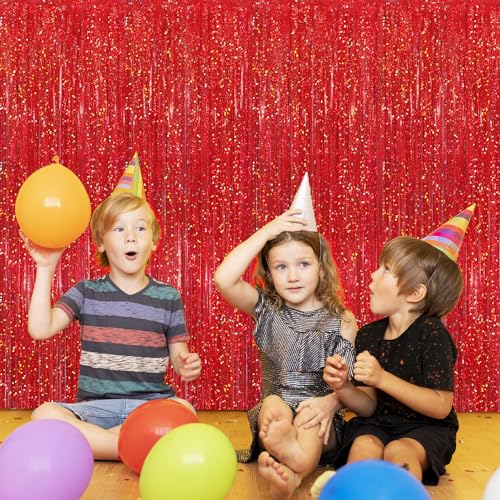 Image of GOER 3.2 ft x 8.2 ft Metallic Tinsel Foil Fringe Curtains Party Photo Backdrop Party Streamers for Birthday,Graduation,New Year Eve Decorations Wedding Decor(5 Packs,Shiny Red)