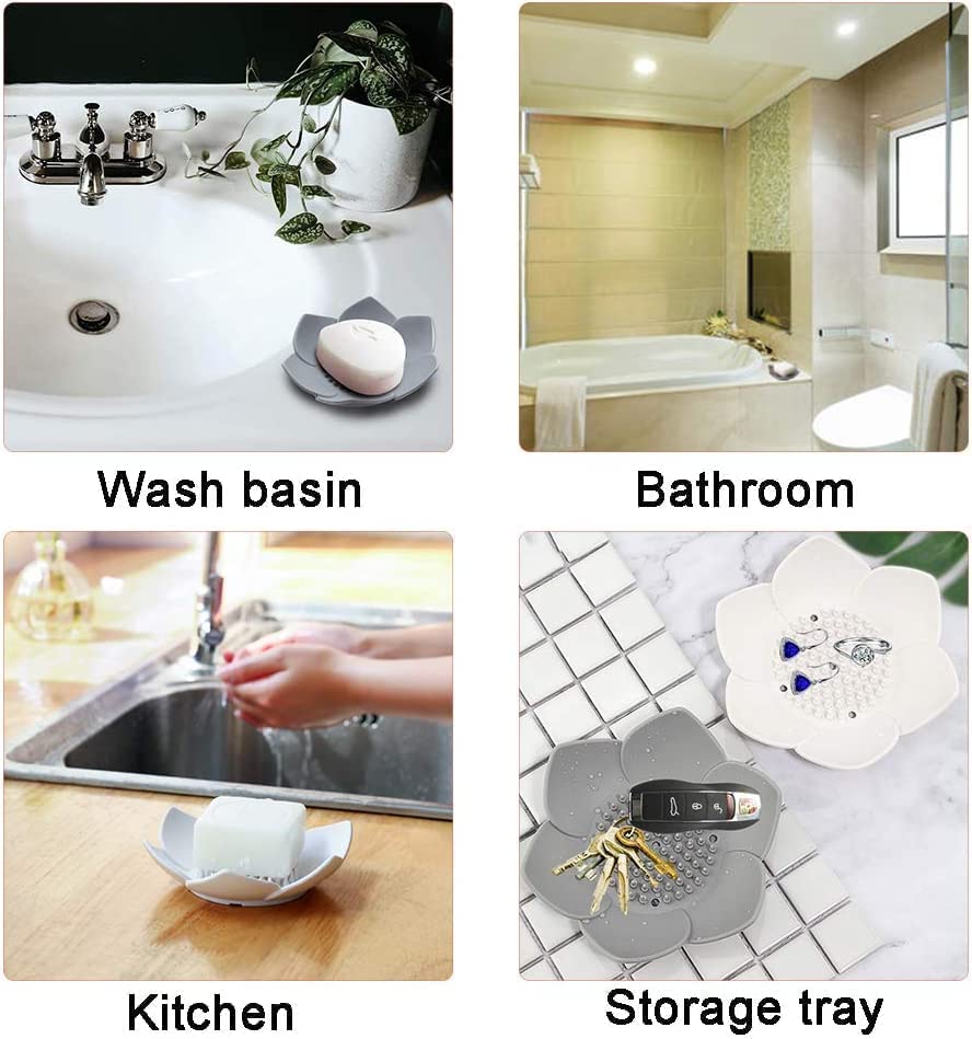 Image of 3 Pack Lotus Flowers Soap Dish Silicon Flexible Non-Slip Floral Trays with Drain for Bathroom Shower(Multicolour)